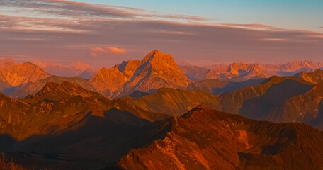 Alpine sunset or sundowner at Mount Diedamskopf, Schoppernau, Bregenz, Vorarlberg, Austria