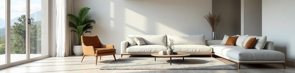 A stylish interior concept showcasing a minimalist living room with sleek furniture and monochromatic decor , cozy, modern