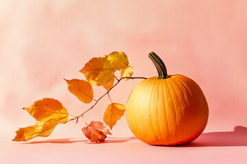 Vibrant orange pumpkin with autumn leaves on soft pink background showcasing seasonal harvest