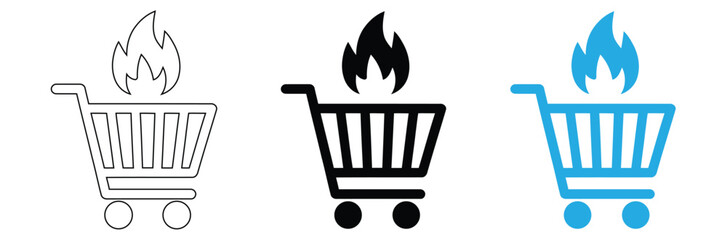 trolley and fire flame icon  hot sale symbol design element logo template vector eps 10,Hot deals now! Shopping carts on fire for big sale event,editable stroke