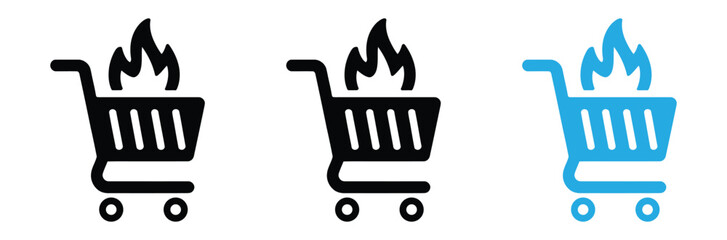 trolley and fire flame icon  hot sale symbol design element logo template vector eps 10,Hot deals now! Shopping carts on fire for big sale event,editable stroke