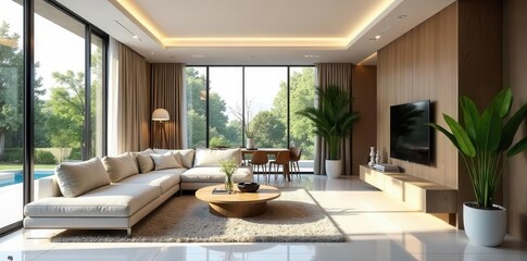 Modern architecture layout of a spacious living room with floor-to-ceiling windows, sleek furniture, and minimalist decor , stylish, windows