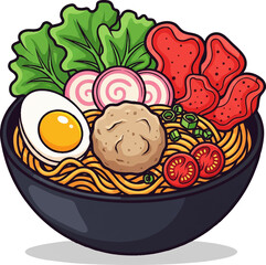 Cartoon icon of a noodle bowl with egg, meatball, and crackers, isolated on white.