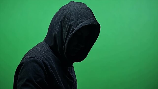 Mysterious figure in a dark hoodie against a vibrant green screen backdrop.