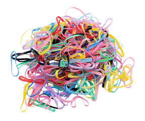 Colorful elastic hair ties pile, creating tangled mix