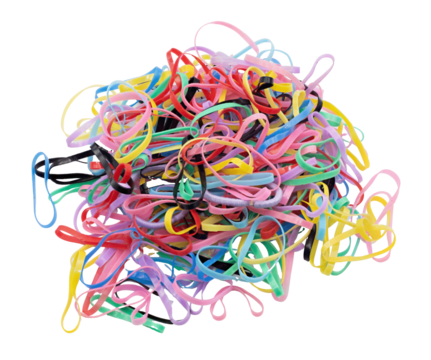 Colorful elastic hair ties pile, creating tangled mix