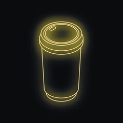 Bright neon yellow disposable coffee cup glowing on a black background