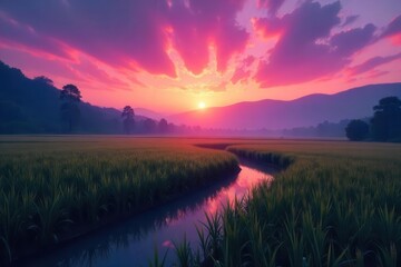Obraz premium Twilight paints the rice field in soft hues, stillness descends , stock photo, agriculture