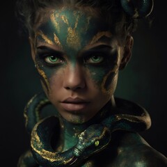 Captivating portrait of a woman adorned with striking green and gold fantasy makeup, featuring a snake gracefully draped around her neck, evoking nature's mystique