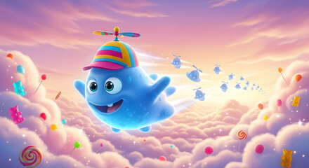 Cute Flying Blue Monster with Propeller Hat in Candy Cloudscape | Whimsical Cartoon Character for Children's Illustration, Gaming, and Animation