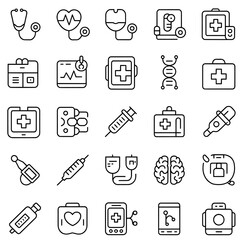 Fototapeta premium Modern Healthcare Technology Versatile comprehensive flat vector icon set with clean pixel-perfect designs—editable scalable and ideal for web, apps, print and branding across all creative industries