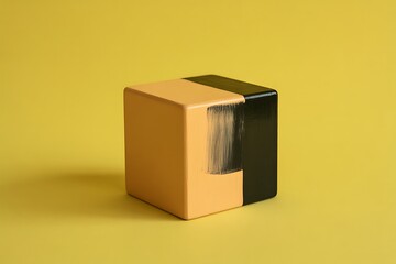Obraz premium A cube painted with two colors, ochre and black, with visible brush strokes on a yellow background block