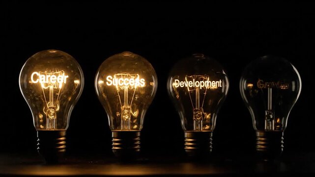 Lit bulb illuminates the word "Career" amongst others like "Success" in a row. Dark background