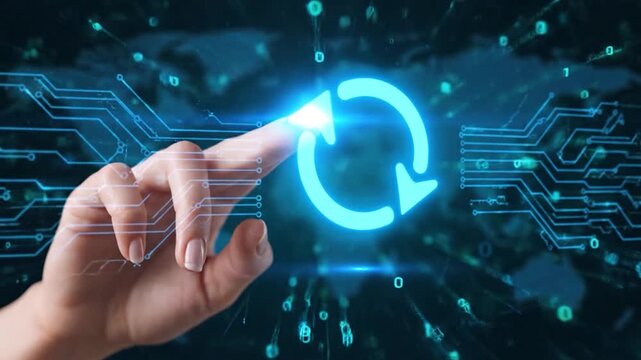 Hand activates glowing blue refresh symbol on dark digital interface with circuit lines