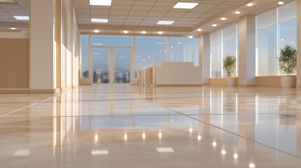 A bright, newly renovated office floor with bare walls and polished floors waiting for equipment and furniture, symbolizing opportunity, progress, transformation, and the beginning of a new