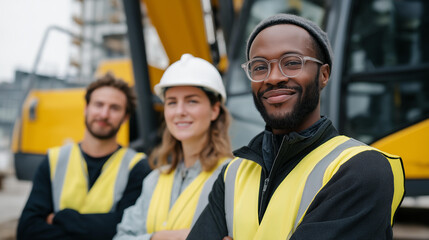 Obraz premium A diverse team of construction workers wearing reflective safety vests and protective helmets operating modern heavy machinery at an urban development site, symbolizing teamwork, professionalism,