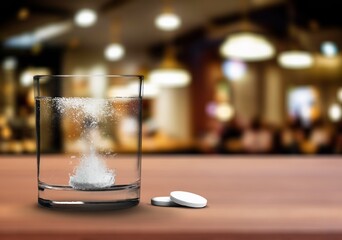 Glass with water and white medical pill