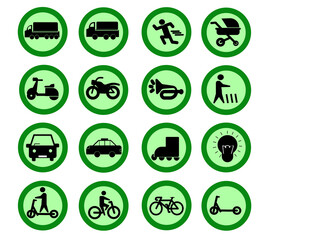 Green circular signs showcase transportation modes with related symbols, suitable for travel or traffic concept designs and presentations. Ideal for infographics or educational materials.