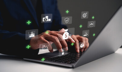 A professional's hands typing on a laptop, surrounded by digital icons representing finance, technology, and growth.