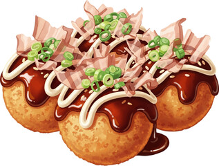 Takoyaki, Japanese octopus balls, food illustration isolated on white background. © Teguh
