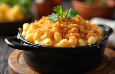 Warm macaroni and cheese topped with crunchy breadcrumbs in a black serving dish. Parsley garnish adds color to this cheesy pasta comfort food ready for serving.