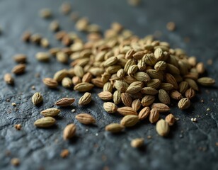 Pile of dried cannabis seeds scattered on dark rough surface. Many small light brown pods with visible texture contain marijuana plant germ buds.