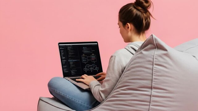 Back view of woman coding on laptop, on beanbag, pink backdrop