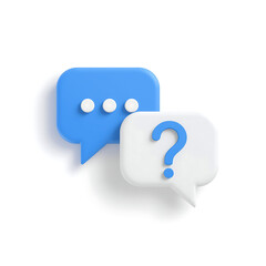 A 3D render displays two overlapping speech bubbles on a white background, one blue with three white dots symbolizing a chat message.