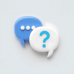 A 3D render displays two overlapping speech bubbles on a white background, one blue with three white dots symbolizing a chat message.