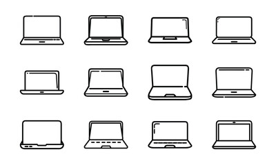 Education and science outline icon set with brain, DNA, laboratory flask, laptop, stopwatch, school bus, quill pen, and bell symbol isolated on white background