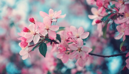 Fototapeta premium Spring'S Blossoming Apple Orchard: Vintage Vibes With An Instagram Filter. Capturing The Beauty Of Ukraine'S European Landscape. Explore The World Of Blooming Orchards.