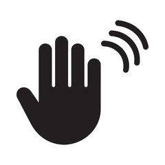 Black silhouette of a hand waving with motion lines indicating a greeting or signal