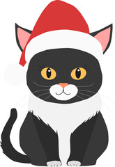 Cute black cat wearing red santa hat sitting