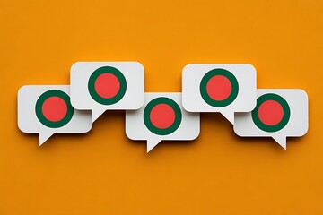 Five speech bubble icons, each containing the flag of Bangladesh, arranged horizontally on an orange background