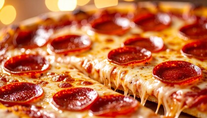 Macro Image of Greasy Pepperoni Pizza Slice with Cheesy Melt and Crispy Crust, Perfect for Fast Food Promotions