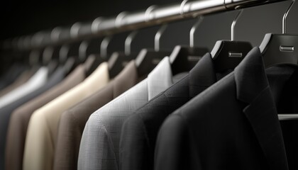 Fototapeta premium Elegant Row Of Men'S Suits Hanging In Closet Display. A Display Of Formal Attire For Men Presented Neatly In A Closet.