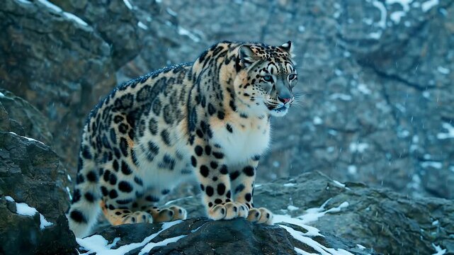 A solitary snow leopard perched atop a rugged rock ledge amid a frosty blue mountain landscape