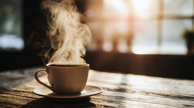  Steaming coffee cup on a rustic table with warm morning light, evoking a cozy atmosphere. bar promotions, beverage menus, designed for food & beverage menus and cafe branding.