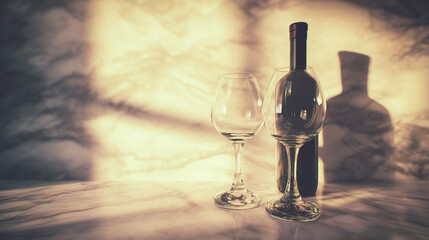 Elegant wine bottle and crystal-clear glasses on marble countertop with golden lighting. bar promotions, beverage menus, designed for food & beverage menus and cafe branding.