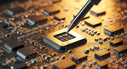 Soldering iron tip touching computer chip on circuit board
