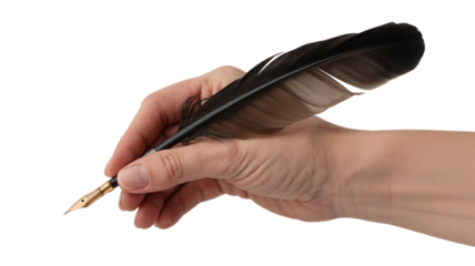 Hand holding feather quill pen isolated on transparent background