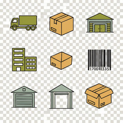 Logistics and delivery icons including truck boxes and warehouse buildings.