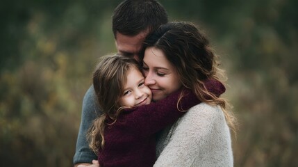 Fototapeta premium A tender moment of a loving family mother father and young daughter sharing a warm embrace outdoors in a natural softly blurred environment
