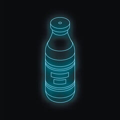 Glowing blue neon bottle shining in darkness, isometric projection of a classic glass bottle