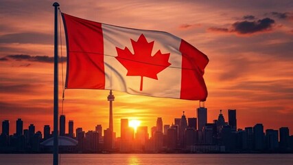 Canadian flag waving in front of toronto skyline during a vibrant sunset - Powered by Adobe