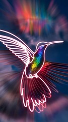 Obraz premium A surrealistic close-up illustration of a hummingbird with a neon outline. The hummingbird's body is multi-colored on a sky background.