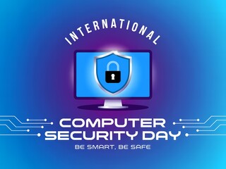 Celebrating international computer security day with a shielded monitor and digital circuitry background