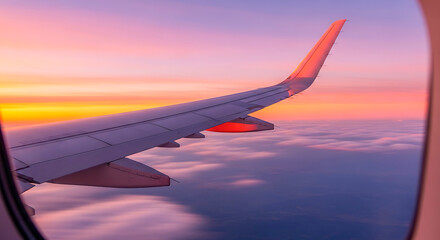 Obraz premium Airplane wing against a vibrant sunset sky over clouds