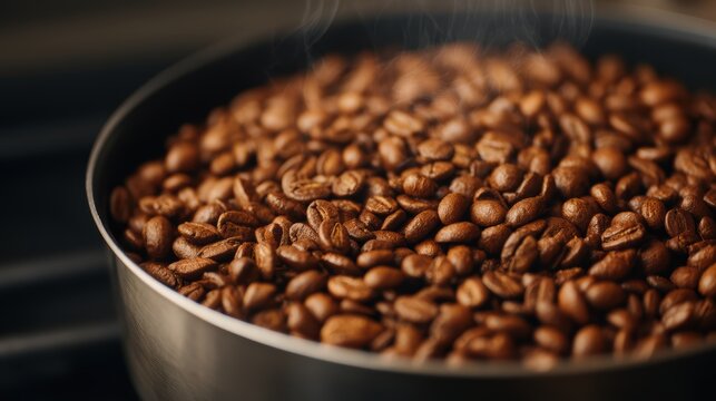 A close-up of steaming roasted coffee beans in a metal container, showcasing their rich texture and aroma. - Powered by Adobe
