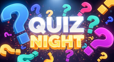 Quiz Night text with colorful question marks and squares